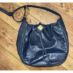 VINTAGE Manolucci Handbag Bag Purse Navy  Leather Golden Clasp Made In USA
